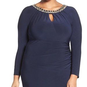 NWT VINCE CAMUTO Plus 18W Navy Embellished Neck 3/4" Sleeve Ruched Dress